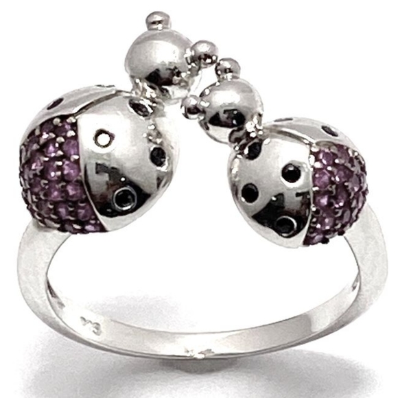 Lady Bugs Ring - 925 SS White Gold Overlay & Ruby - Picture 3 of 12